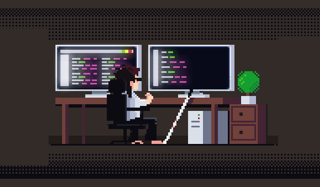 Pixel art of a developer working at a desk with dual monitors.